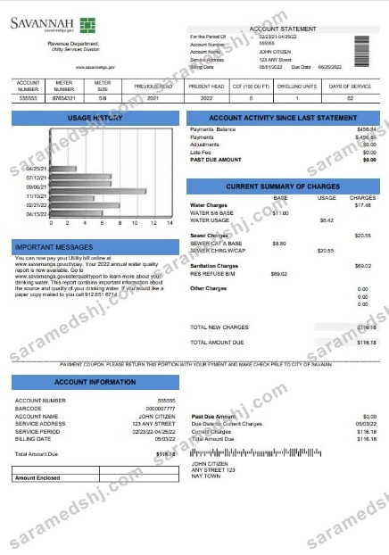 USA Georgia Savannah utility bill template in Word and PDF format